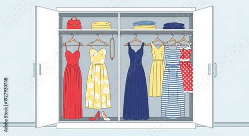 Open closet with hanging dresses and folded clothes on shelves organized fashion storage