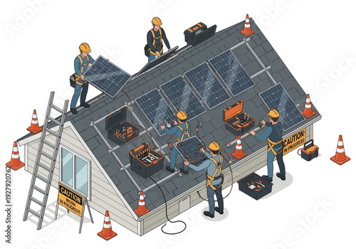 Solar panel installation on a residential rooftop by a team of skilled technicians using safety equipment