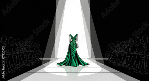 Green evening gown on a runway with spotlight and crowd in the background fashion show concept with elegant dress and audience