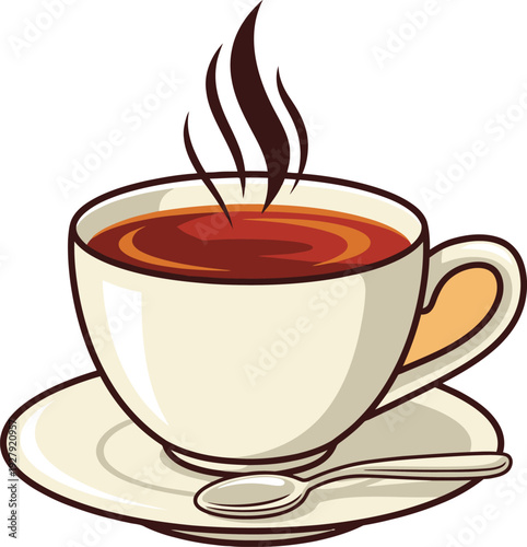 Steaming cup of coffee on saucer with spoon 1
