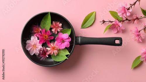 A black pan is filled with a variety of pink flowers and green leaves. The pan is placed on a pink background, creating a visually appealing and colorful scene