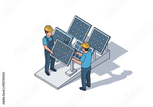 Two Technicians Installing Solar Panels on a Rooftop for Sustainable Energy Production