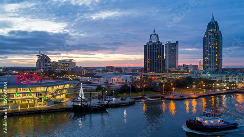 Aerial view of Mobile, Alabama at twilight