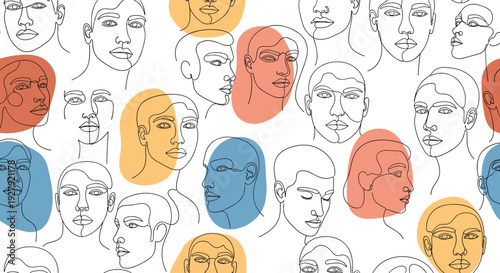A seamless pattern of diverse faces drawn in a continuous one-line art style, with abstract color shapes on a white background.