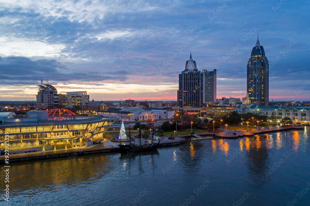 Fototapeta premium Aerial view of Mobile, Alabama at twilight