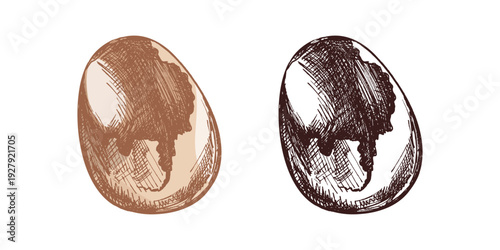 Hand drawn vintage sketch of easter egg set in colored and monochrome engraving style holiday illustration