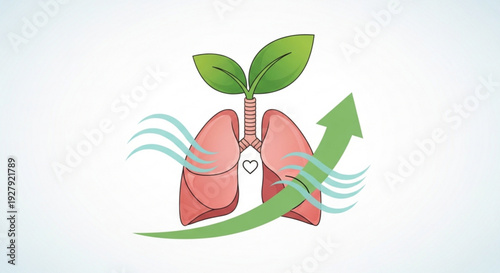 Healthy lungs with green leaves and heart symbol representing clean air and wellness concept with rising arrow