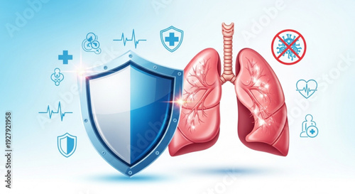 Protecting lungs with shield from virus and medical symbols