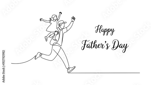 Happy Father’s Day One Line Drawing Illustration. Continuous Line Art of Dad Running with Daughter on Shoulders. Minimalist Family Holiday Greeting Card Design. Vector Illustration.