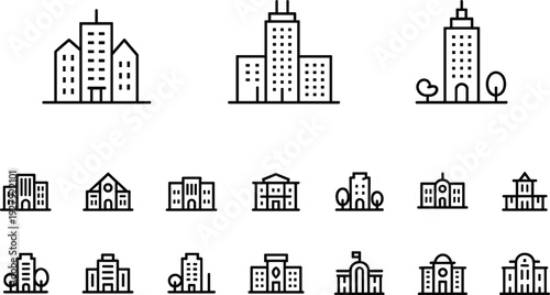 Building icons set, architecture styles, high-rise, residential, commercial, institutional, urban design, cityscape elements, vector illustration, black line, minimal