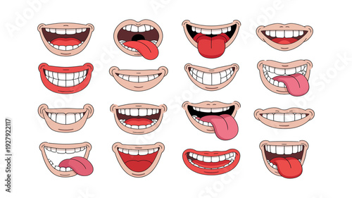 Cartoon Mouth Expressions Vector Set. Funny Smiling Lips, Teeth and Tongue Emotions Collection for Comic Character Design. Cute Facial Expression Elements.