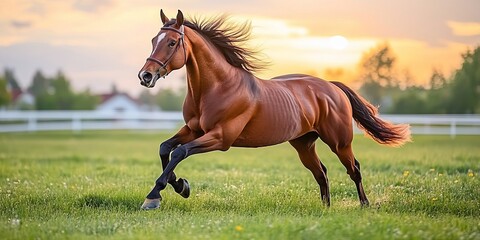 Elegant Thoroughbred Horse Galloping at Sunset Over a Serene Field for Stunning Stock Photos