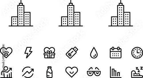 Cityscape icons set, urban buildings, health, wellness, technology, communication, data, scheduling, lifestyle elements, vector illustration, black line, minimal