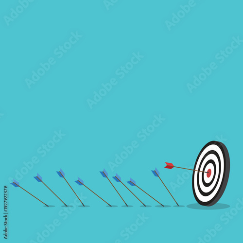 Business challenge failure and success concept. Blue arrows missed hitting target and only red one hits the center.	