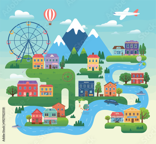 Colorful cartoon town with houses mountains ferris wheel and airplane