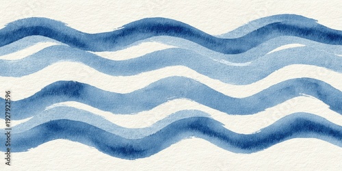 Watercolor depiction of ocean waves in shades of blue against a textured, off-white background