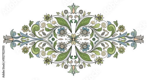 Intricate floral pattern with green leaves and blue flowers.