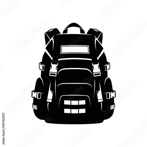 Black backpack silhouette, travel gear icon, white background