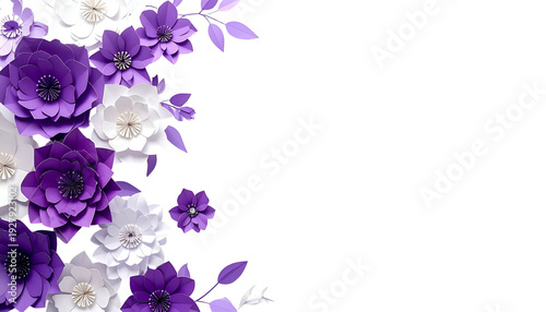Floral arrangement of paper flowers in white and purple on black background