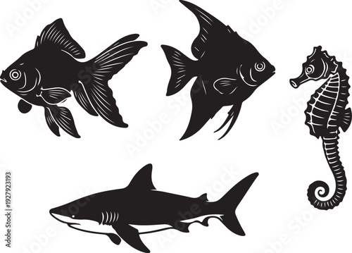 aquarium fish silhouette collection goldfish angelfish shark seahorse