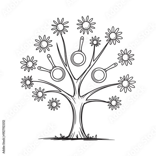 A whimsical black and white illustration of a tree with flower buds instead of leaves high quality