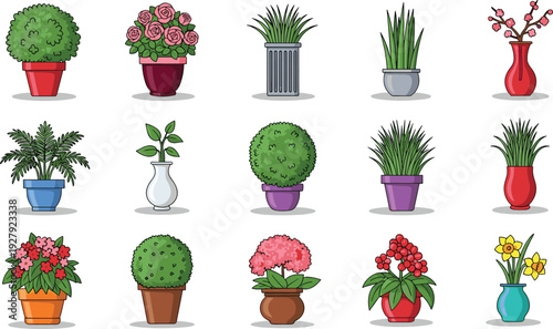 Colorful potted plants and flowers in various containers on a white background pots vases green leaves