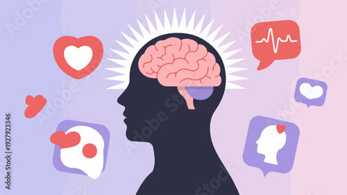 Human brain with heart rate and speech bubbles mental health concept with silhouette