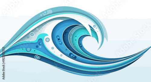 Stylized blue wave illustration with swirling ocean design.