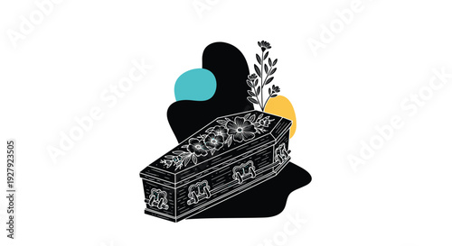 A modern, abstract illustration of a decorated coffin with flowers, using black line art and colorful organic shapes for a memorial.