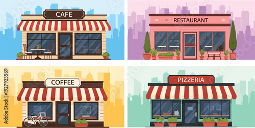 Four colorful storefronts of a cafe, restaurant, coffee shop, and pizzeria with outdoor seating and plants