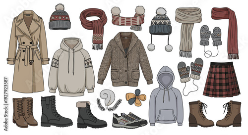 A large, hand-drawn collection of cozy winter and autumn clothing and accessories, including coats, sweaters, hats, and boots.