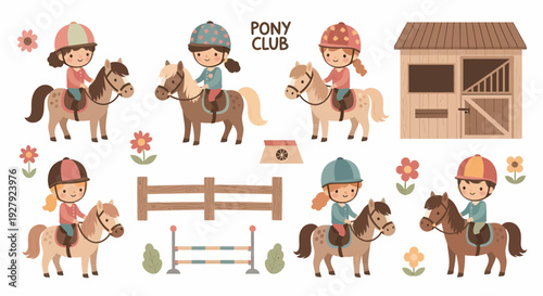 Charming cartoon style illustration featuring children riding horses in various poses near a stable and fence. Soft pastel color palette, ideal for children’s books, posters, educational content, and 