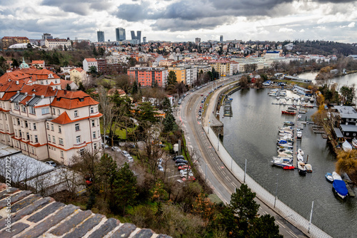 Wallpaper Mural Urban district Podoli from hill Vysehrad, river Vltava with port, Prague. Torontodigital.ca