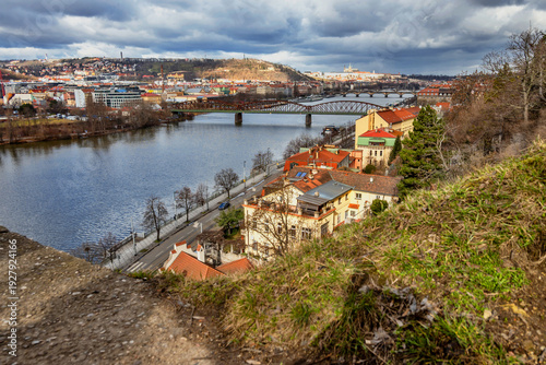Wallpaper Mural Panoramic view of river Vltava from hill Vysehrad. Bridge Vyton, Prague district and Prague castle. Torontodigital.ca