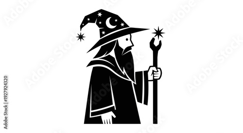 Black and white illustration of a wizard with a star tipped staff