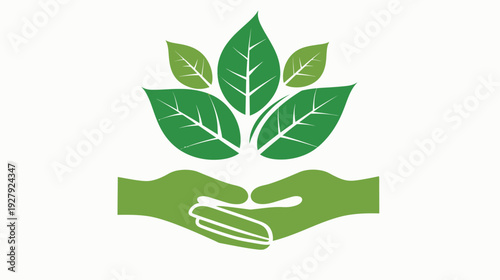 Green leaves and hands symbol representing environment protection and growth