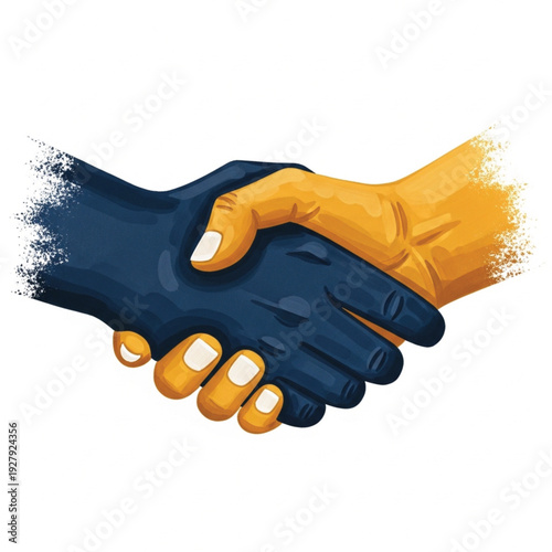 Vibrant illustration of two contrasting hands, one blue and one yellow, engaged in a firm handshake.