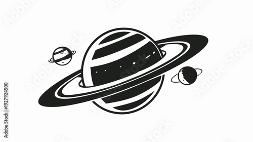 Stylized illustration of saturn with rings and planets in black and white