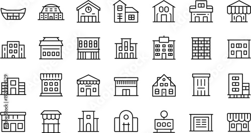 Black and white building icons, diverse architecture, houses, apartments, shops, schools, government offices, urban planning, city design, structural layouts