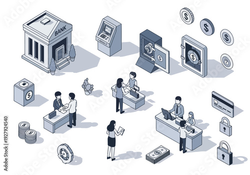 A collection of isometric vector icons representing various banking and financial services, including customer service, transactions, and security