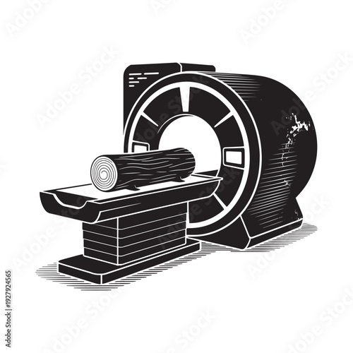 A stylized black and white illustration depicting a log being processed by a sawmill machine high quality