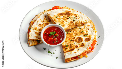 Stacked quesadillas on white plate, with salsa in a small bowl, and garnish