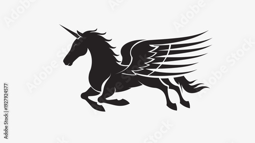 Black silhouette of a mythical winged unicorn against a clean white background