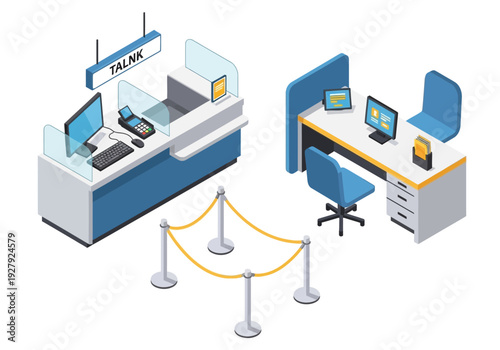 Isometric illustration of a modern bank counter and office desk with queuing ropes