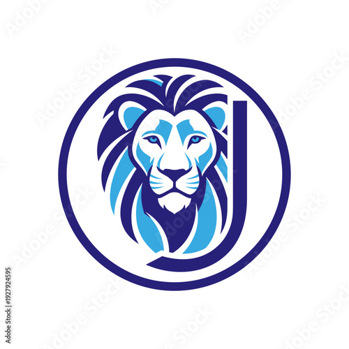 Stylized lion head with a dark blue circle and partial letter J