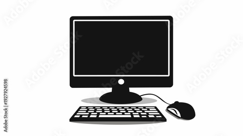 Black computer monitor keyboard and mouse illustration on white background