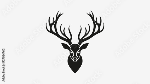 Black and white deer head with large antlers isolated on white background