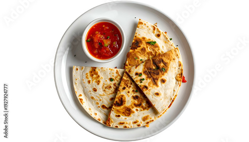Overhead view of a plate with sliced, browned quesadillas and salsa