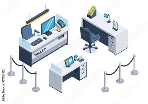 Office reception area with desks, computers, and stanchions, creating a welcoming and organized entryway