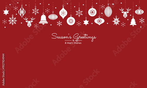 Elegant white Christmas ornaments and snowflakes decorate a festive red background with holiday greetings